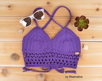 Crochet Purple Bralette: Boho Halter Crop Top