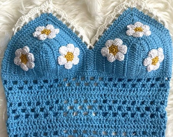Crochet Daisy Flower Crop Top: Boho Cotton Halter Bralette