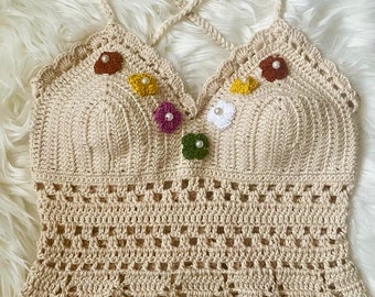 Crochet Crop Top: Oatmeal Cotton Halter with Flower Detail