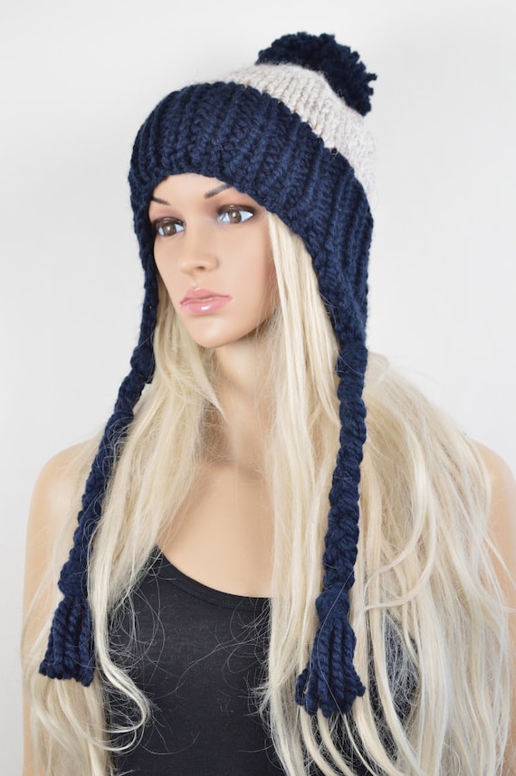 Handmade Wool Chullo Hat: Navy Blue Grey Knit Earflap Pom Pom