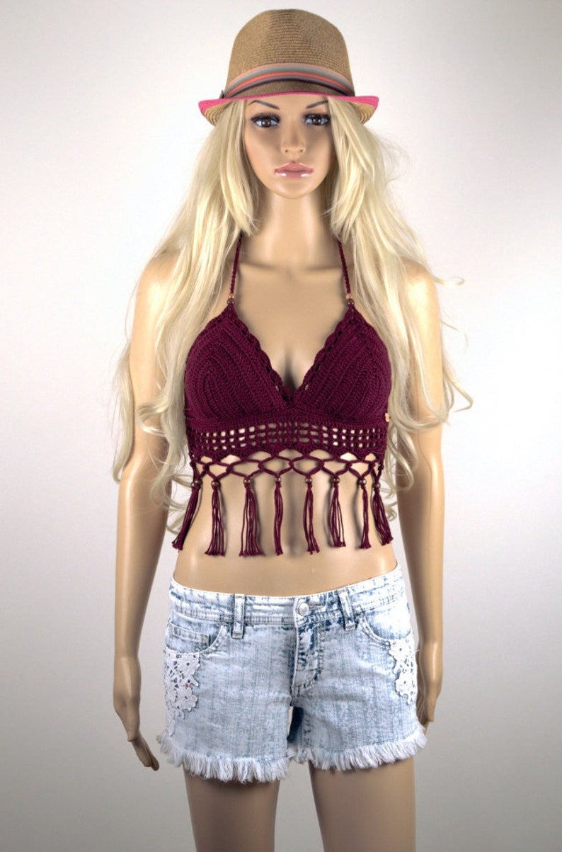 Crochet Crop Top, Halter Top, Boho Crop Top, Festival Crop Top, Crochet Halter Top, Boho, Crochet Top, Crochet Top Festival, Burgundy Top image 1