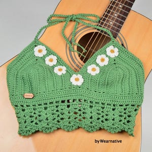 Crochet Daisy Flower Crop Top: Soft Cotton Boho Bralette