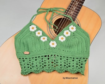 Crochet Daisy Flower Crop Top: Soft Cotton Boho Bralette