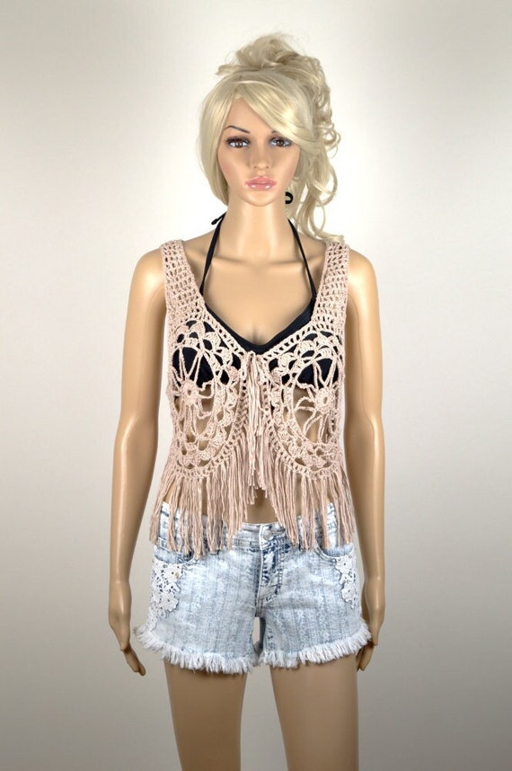 Crochet Boho Vest: Fringe Bohemian Cotton Vest - S/M