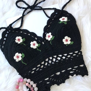 Crochet Daisy Flower Halter Crop Top: Soft Cotton Boho Bralette