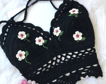 Crochet Daisy Flower Halter Crop Top: Soft Cotton Boho Bralette