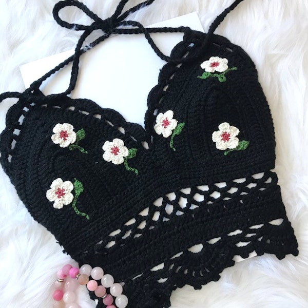 Crochet Crop Top, Festival Crop Top, Boho Halter Top, Boho Crop Top, Daisy Flower Bralette, Gypsy Crop Top, Crochet Top, Daisy Crop Top