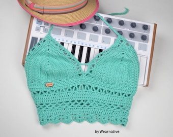 Crochet Crop Top: Pistachio Cotton Bralette, Boho Halter