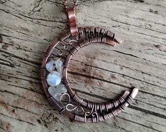 Rainbow Moonstone Crescent Moon Copper Necklace - Goth Wirewrap Gemstone Pendant