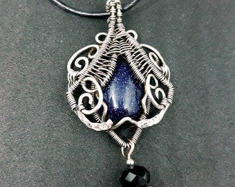 Sparkly Blue Goldstone Silver WireWrap Pendant | Gothic WireWrapped Navy Glitter Gemstone Necklace