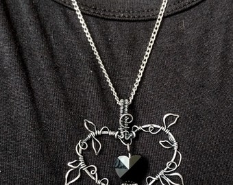 Leafy Silver Gothic Heart Pendant with Black Faceted Glass Heart