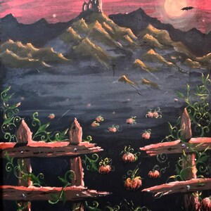 May include: A painting depicting a spooky Halloween scene with a dark, misty landscape, a tall tower in the distance, and a wooden fence with pumpkins in the foreground. The sky is a vibrant red with a full moon.