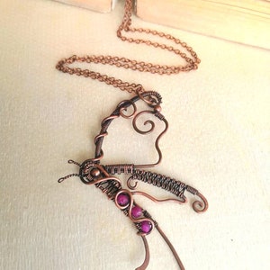 Copper Butterfly Wire-wrap Pendant with Pink Ruby Gemstones Steampunk, Goth zdjęcie 2