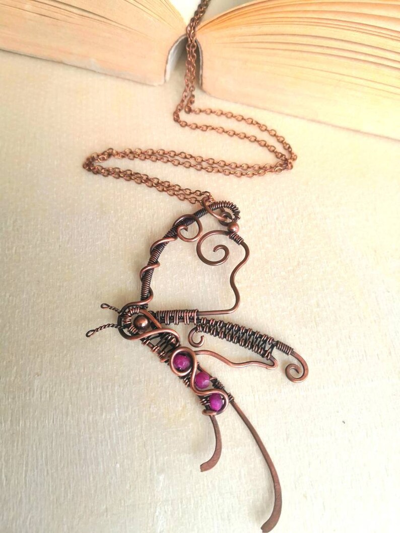 Copper Butterfly Wire-wrap Pendant with Pink Ruby Gemstones Steampunk, Goth image 2