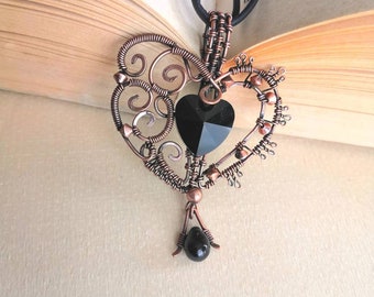 Black Heart Copper WireWrap Gothic Pendant | Goth Openwork Necklace