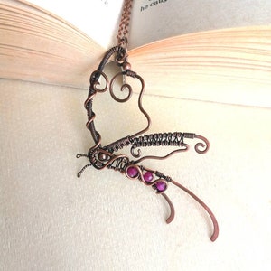 Copper Butterfly Wire-wrap Pendant with Pink Ruby Gemstones Steampunk, Goth image 1