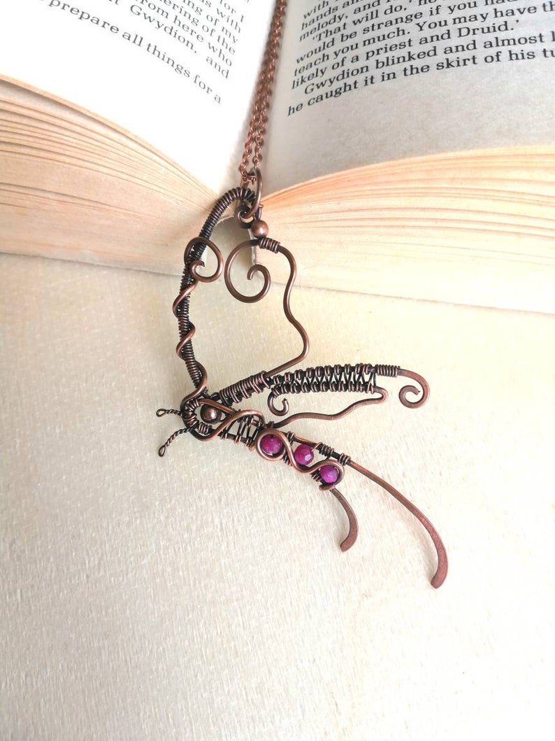 Copper Butterfly Wire-wrap Pendant with Pink Ruby Gemstones Steampunk, Goth image 1