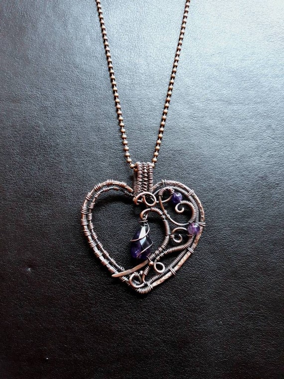 Purple Amethyst Gothic Copper Wire Wrap Heart Pendant Goth - Heart Gothic Pendant