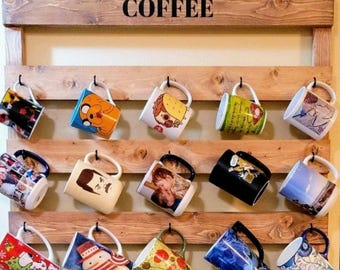 Customizable Rustic Wood Coffee Cup Rack: Coffee Bar Mug Holder