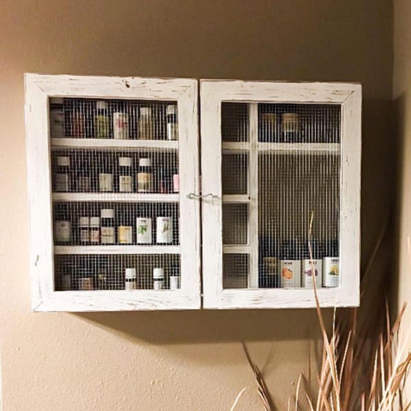 Essential oil display, Farmhouse decor, Rustic Medicine cabinet, oil shelf, bathroom cabinet, oil storage, hanging shelf, nail polish rack