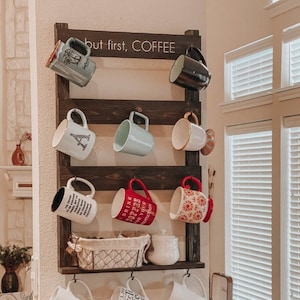 Customizable Coffee Mug Rack – Wall Mounted Coffee Bar Organizer, Rustic Wood Cup Holder for Kitchen or Café Decor