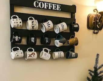 Rustic Wood Coffee Cup Rack: Customizable Coffee Bar Decor
