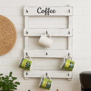 Customizable Coffee Mug Rack – Wall Mounted Coffee Bar Organizer, Rustic Wood Cup Holder for Kitchen or Café Decor