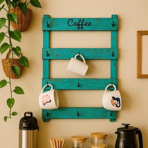 Customizable Coffee Mug Rack – Wall Mounted Coffee Bar Organizer, Rustic Wood Cup Holder for Kitchen or Café Decor