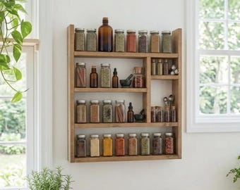 Handmade Wood Spice Rack, apothecary shelf for herbs, rustic medicine cabinet, unique kitchen display