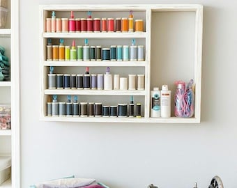 Rustic Wooden Thread Organizer Shelf: Farmhouse Sewing Room Decor