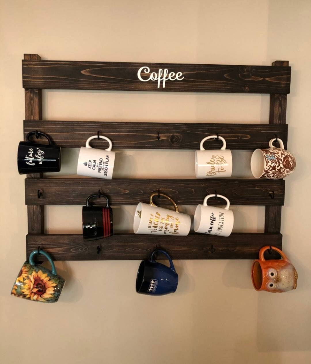 J JACKCUBE DESIGN Coffee Mug Holder Wall Mounted Rustic Wood Cup Organizer  with 16-Hooks Hanging Rack for Home, Kitchen Display Storage and Collection  : MK519A