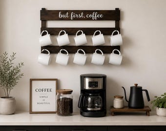 Handmade Rustic Wood Coffee Mug Display Rack, Coffee Bar Decor