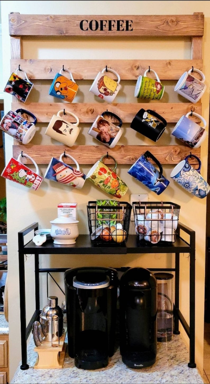 Coffee cup rack, Kitchen organizer, wedding, Coffee bar, holder, mug holder, housewarming gift, kitchen decor, mug rack, farmhouse kitchen image 2