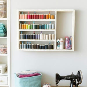 Thread storage, Thread organizer, Spool holder, wood shelf, farmhouse decor, craft room decor, sewing room, sewing wall art, seamstress gift
