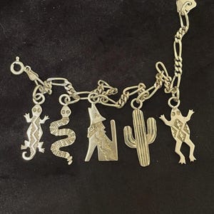 May include: A silver charm bracelet featuring five distinct charms: a lizard, a snake, a howling coyote, a saguaro cactus, and a frog. Each charm displays etched geometric patterns. A rectangular tag attached to the chain reads "Alteon See sterling".