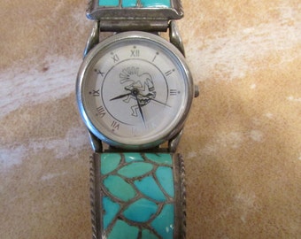 Zuni Designed Channelwork Turquoise Watch Tips and Watch Beautiful Like new Signed LF Francis Leekia Zuni (uses also Eagle)