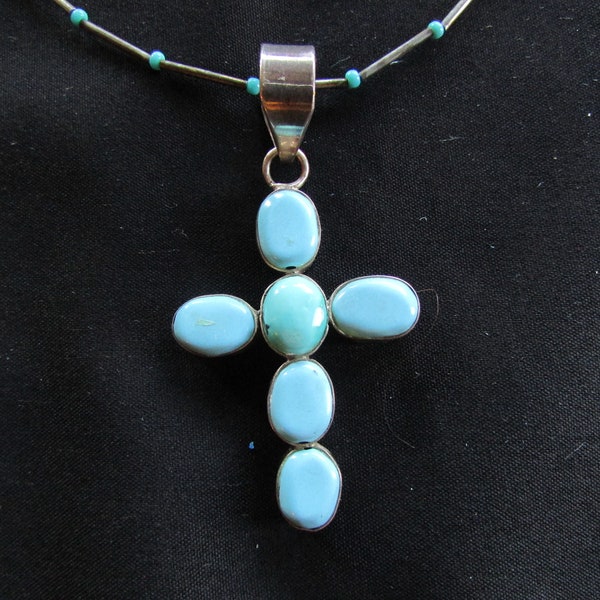 Navajo Turquoise Necklace Cross with 6 pieces of turquoise Beautiful Signed