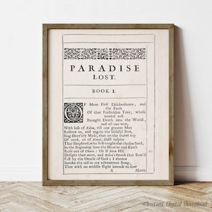Paradise Lost by John Milton, book lovers gifts, digital download printable, first page first edition 1667, epic poem, print locally