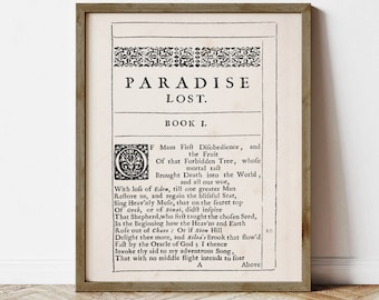 Paradise Lost by John Milton, book lovers gifts, digital download printable, first page first edition 1667, epic poem, print locally