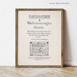 William Shakespeare Sogno di una notte di mezza estate, download immediato, stampa locale, regali per l'arredamento dell'angolo lettura, decorazioni per la casa Shakespeare