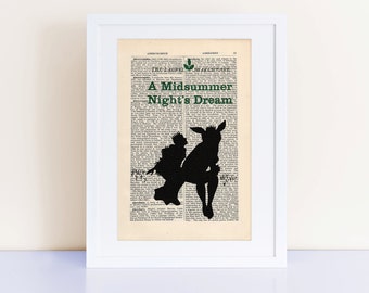 A Midsummer Night's Dream by William Shakespeare Print on an antique page, book lover gift, book cover art, recycled book