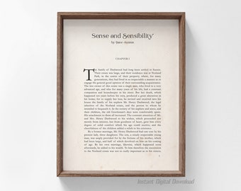 Sense and Sensibility Poster, book lovers gifts, digital download, print locally, first page chapter 1, Jane Austen