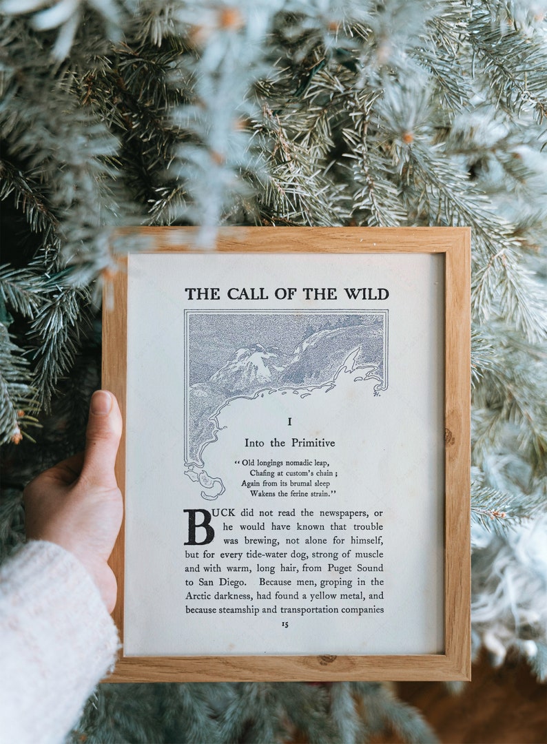 May include: A framed print of a book excerpt from "The Call of the Wild" by Jack London. The excerpt is from the first chapter, "Into the Primitive". The text is printed in black ink on a white background. The frame is made of wood and has a light brown finish.