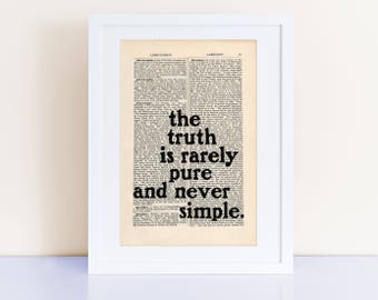 The truth is rarely pure and never simple Quote Print on an antique page, Truth Quote, Oscar Wilde, book lovers gifts