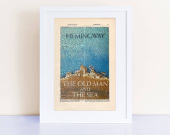 The Old Man and the Sea by Ernest Hemingway print on an antique page, book cover art, book lovers gifts