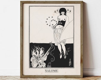May include: Black and white illustration of a woman with long hair and a flowing dress, standing on a black background. A figure with a crown and a long beard plays a musical instrument in the lower left corner. The text "SALOME" is printed below the image.