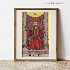 "Gerechtigkeit-Tarot-Karte, sofortiger digitaler Download, lokaler Druck, Tarot-Postergeschenke, ""Rider Taile Smith""-Deck 1909, Major Arcana."