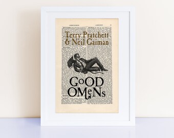 Good Omens Print auf einer antiken Seite, Bucheinbandkunst, literarische Geschenke