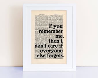 Murakami Quote Print on an antique page, If you remember me, then I don't care if everyone else forgets, Haruki Murakami, Kafka on the Shore