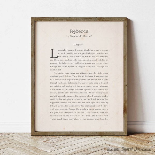 Rebecca Poster, Daphne du Maurier, book lovers gifts, digital download, print locally, first page first chapter first lines